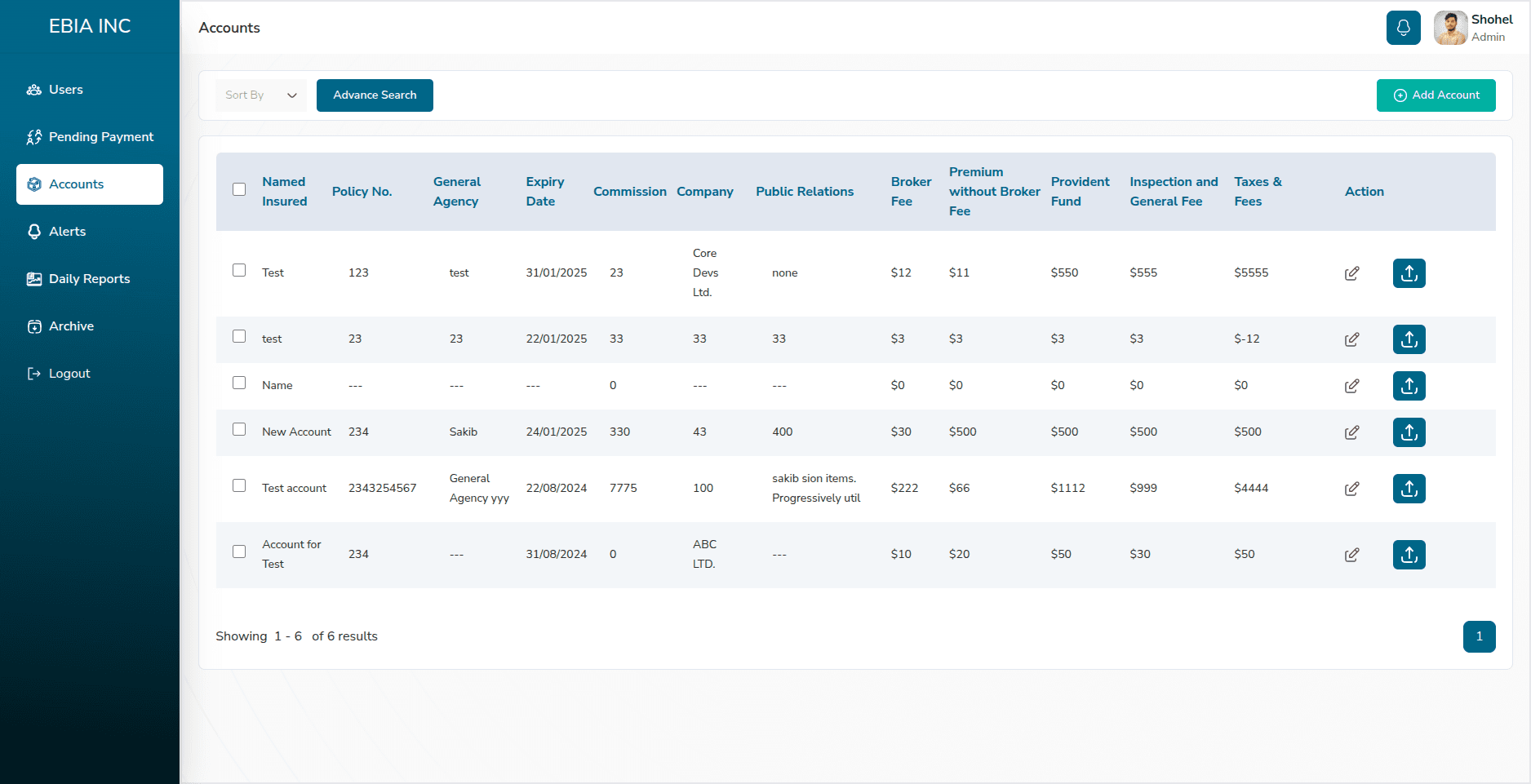 Insurance Task CRM — accounts list with search and filters