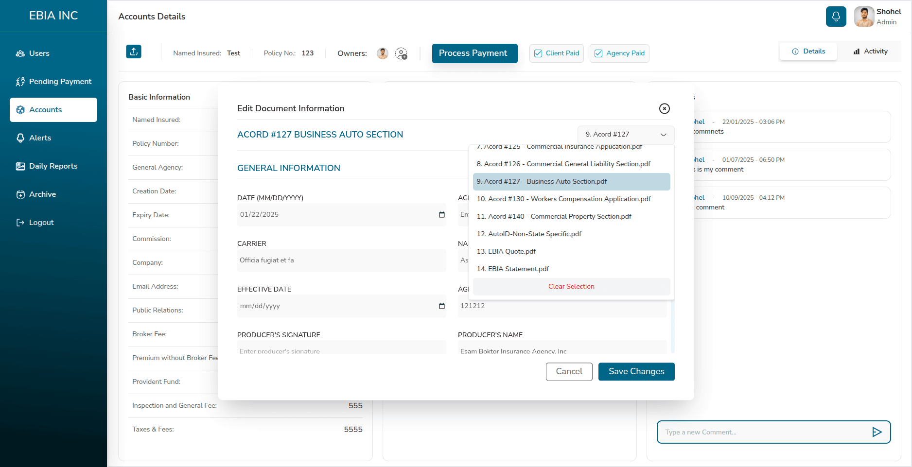 Insurance Task CRM — editing an ACORD form before generating the PDF