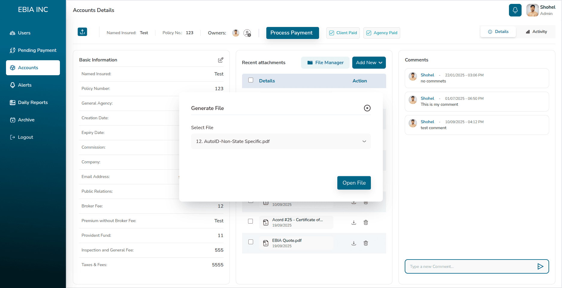 Insurance Task CRM — generating a document from a template