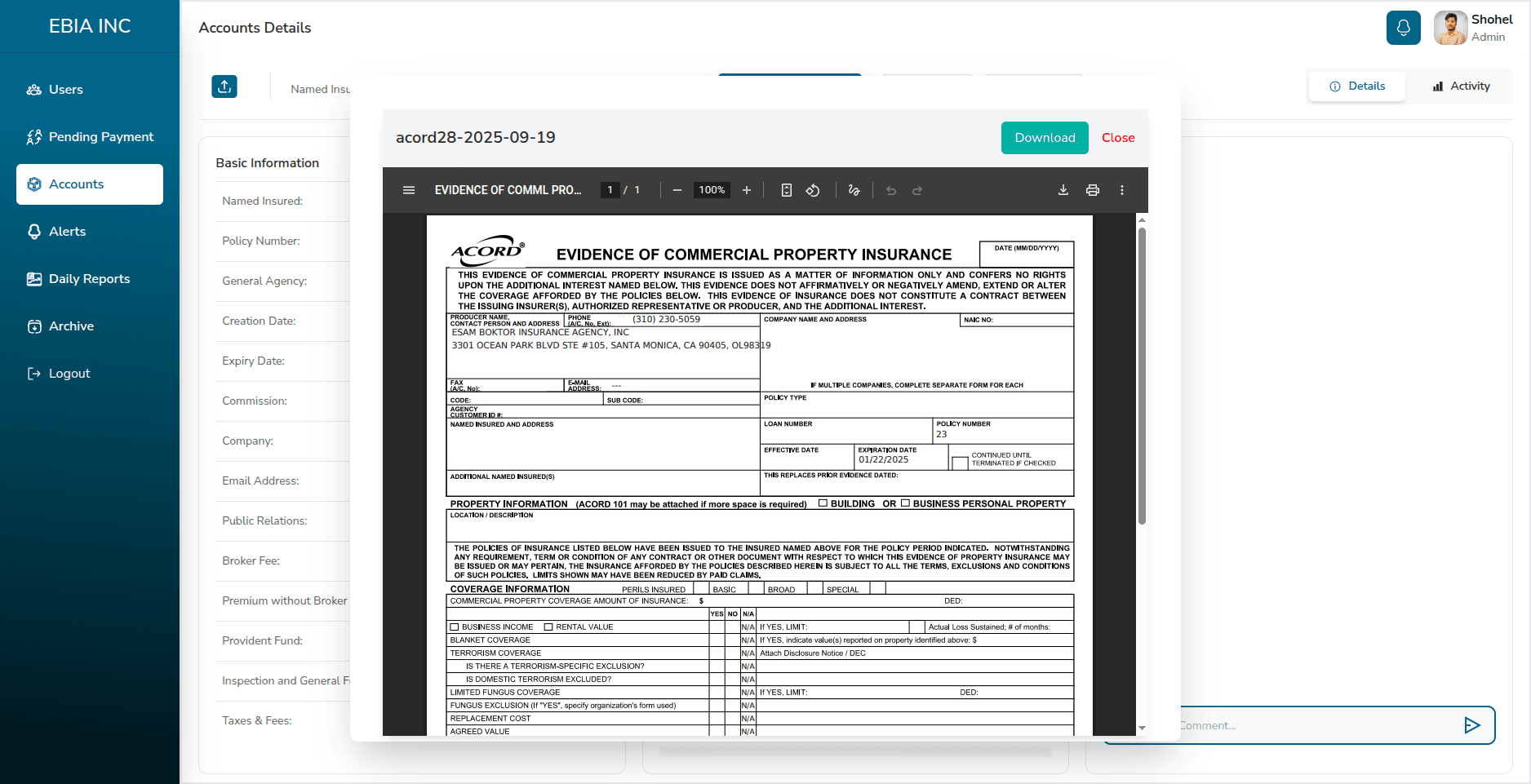 Insurance Task CRM — generated ACORD PDF, ready to download